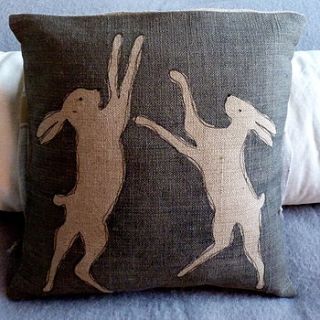 hessian boxing hare cushion by helkatdesign