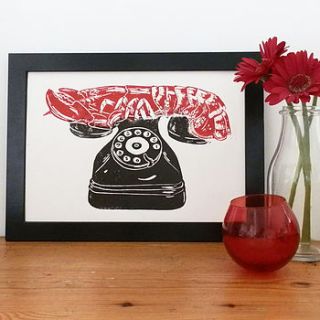 lobster phone linocut print by woah there pickle