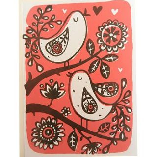 birds on branch hand printed card by ruth green design
