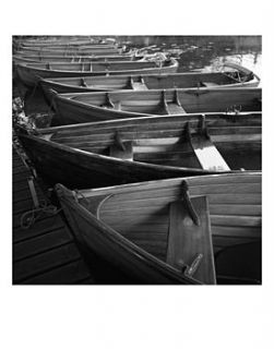 rowing boats, black and white print by paul cooklin