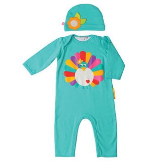 poppy the peacock playsuit and hat set by olive&moss