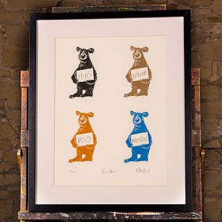 'four bears' hand printed linocut print by cardinky