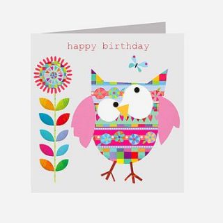 sparkly flower owl birthday card by square card co