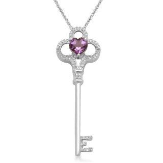 Sterling Silver Heart Amethyst and Genuine White Diamonds Key Pendant Necklace, 18" Jewelry