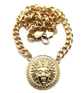 New Iced Out Gold Medusa Pendant w/10mm Miami Cuban Chain Necklace XC248G Jewelry