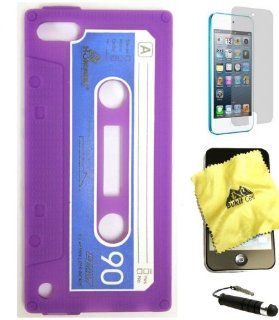 BUKIT CELL Apple iPod Touch 5 5G 5th Generation Cassette Tape Silicone Case (PURPLE) + BUKIT CELL Trademark Lint Cleaning Cloth + Screen Protector + WirelessGeeks247 METALLIC Touch Screen STYLUS PEN with Anti Dust Plug   Players & Accessories
