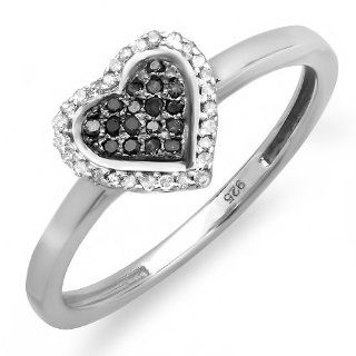 0.15 Carat (ctw) Sterling Silver Round Black and White Diamond Ladies Promise Heart Love Engagement Ring Jewelry