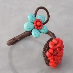 Cotton Rope Turquoise and Red Coral Circle and Flower Cuff (Thailand) Bracelets