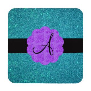 Turquoise glitter purple roses monogram coasters