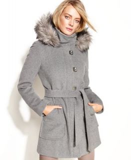 Calvin Klein Turn Key Hooded Faux Fur Trim Coat   Coats   Women