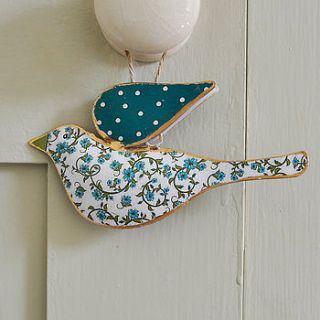 floral painted metal blue hanging bird by anusha