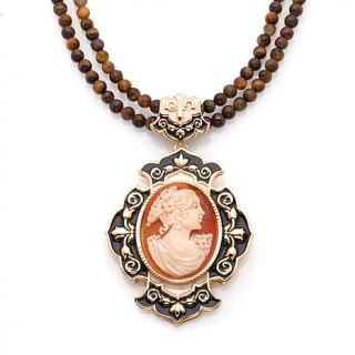 "Barocco" Black Enamel Frame Cameo Pendant with Beaded Necklace