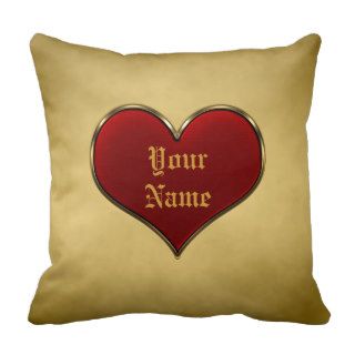 Medieval Deep Red Heart Love Metallic Gold Border Throw Pillows