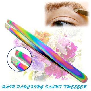 Titanium Multi Color Hair Tweezers, Slant Tip Point, Makeup/ Personal Grooming Tool, Stainless steel Construction, Size 4" Health & Personal Care