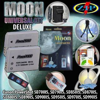 The Moon Universal Kit Basic for CANON PowerShot S100, SX230HS, PowerShot SD700IS, SD790IS. Includes 2 NB 5L 1200mAh Ultra High Capacity Batteries made with cells produced in JAPAN or USA, Table Top Wire Tripod, 110/240 Mini Charger with fold out plug and