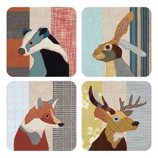 beastie stag, hare badger and fox coaster set by ginger rose