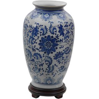 Porcelain 14 inch Blue and White Floral Tung Chi Vase (China) Vases