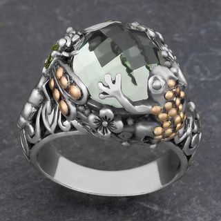 18k Gold and Sterling Silver Prasiolite 'Tropical Frog Dragonfly' Ring (Indonesia) Rings