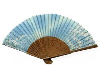 Japanese Design Silk Handheld Folding Fan, Sky Blue w/Fine Pink Flowers and Green Vines HF 228   Ceiling Fan Pull Chain Ornaments