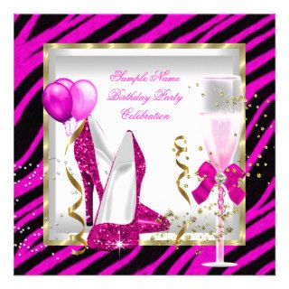 Zebra Hot Pink Gold Glitter Heels Birthday Party Custom Invitation