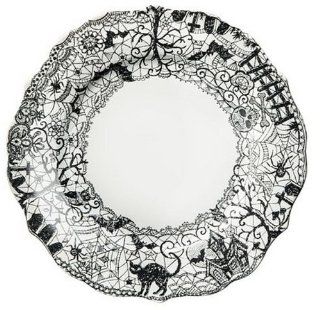 222 Fifth Wiccan Lace Dinner Plates, Set of 4, Black White Halloween Cat Bat Witch Kitchen & Dining