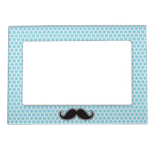 Black handlebar mustache on blue polka dot pattern photo frame magnets