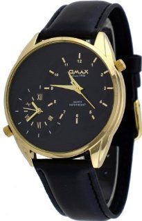Omax #S002G221 Men's Leather Band Gold Tone Dual Time Zone Watch at  Men's Watch store.