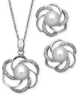 Sterling Silver Jewelry Set, Cultured Freshwater Pearl and Diamond Accent Swirl Pendant and Earrings   Jewelry & Watches
