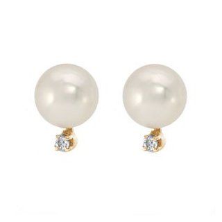 14k Yellow Gold Akoya Pearl & Diamond Earrings (7.50 mm) Stud Earrings Jewelry