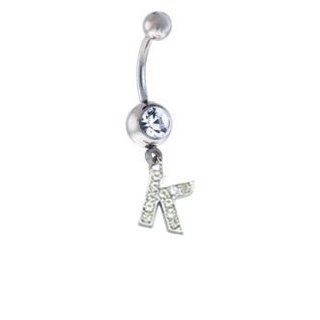 Letter " K " Custom Inital Crystal White & Silver Gem Sexy Belly Navel Ring (14g, 316L Surgical Grade Steel) Body Piercing Rings Jewelry
