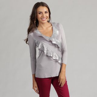 Think Knit Contemporay Knit Top with Lace and Satin Embellishment Think Knit Long Sleeve Shirts