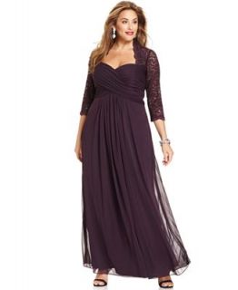 Xscape Plus Size Dress, Three Quarter Sleeve Glitter Lace Ruched Gown   Dresses   Plus Sizes