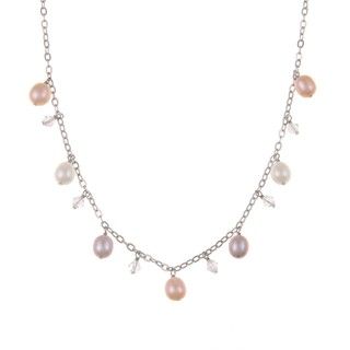 DaVonna Silver Multi Pink FW Pearl and Crystal Beads 18 inch Necklace (6.5 7 mm) DaVonna Pearl Necklaces