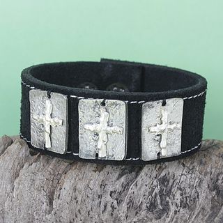 Handcrafted Pewter Sideways Cross Leather Bracelet (India) Bracelets