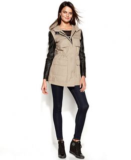 DKNY Hooded Mixed Media Faux Leather Sleeve Anorak   Coats   Women