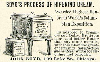 1894 Ad John Boyd Automatic Ripening Cream Vat 199 Lake St Chicago IL Dairy Farm   Original Print Ad  