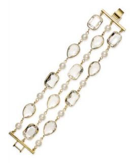 Charter Club Gold Tone Imitation Pearl and Crystal Three Row Necklace   Fashion Jewelry   Jewelry & Watches