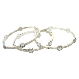 Womens 3 Row Textured Bangle Set with Round Stone Stations   Silver/Clear (2