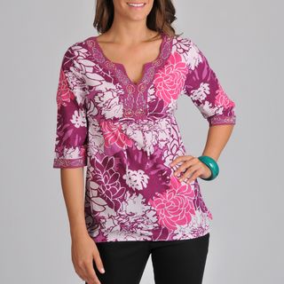 La Cera Women's 3/4 sleeve Drawstring Cotton Floral print Tunic Top La Cera 3/4 Sleeve Shirts