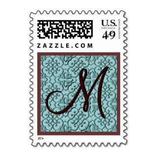 CHOCOLATE & TURQUOISE Lace Monogram Wedding Stamp