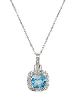 10k White Gold Necklace, Blue Topaz (2 ct. t.w.) and Diamond (1/8 ct. t.w.) Cushion Cut Pendant   Necklaces   Jewelry & Watches