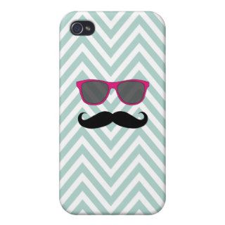 Mustache and Sunglasses, Pink, Mint Green Chevron Cover For iPhone 4