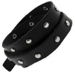 Black Leather and Silvertone Round Stud Wrap Bracelet Moise Men's Bracelets