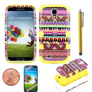 3 Layers Hybrid High Impact Case Pink Indian Tribal Patten Hard Shell+ Yellow Shock Proof Silicone Skin Case Cover for Samsung Galaxy S4 S Iv I9500 + Screen Protector + Stylus+american Lucky Penny Cell Phones & Accessories