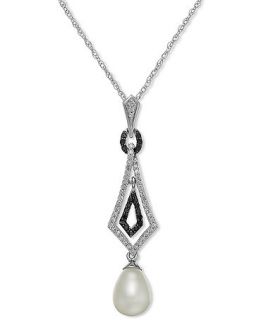 Sterling Silver Necklace, Cultured Freshwater Pearl (7mm x 10mm) and Black and White Diamond (1/4 ct. t.w.) Pendant   Necklaces   Jewelry & Watches