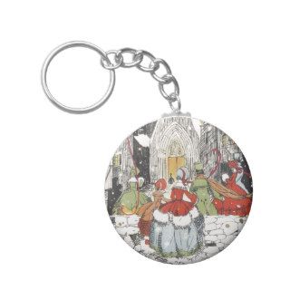 Vintage Christmas, Victorian People at Church Keychain