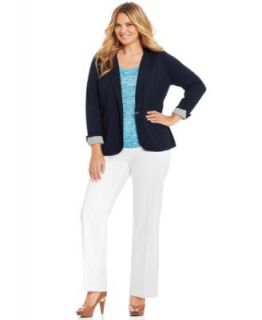 Jones New York Collection Plus Size Long Sleeve Draped Cardigan, Shell & Straight Leg Trousers   Plus Sizes