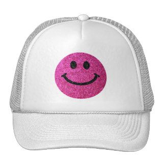 Hot pink faux glitter smiley face trucker hat