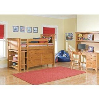 Bennington Low Loft Bed in Honey with Essex Accessories Configuration Low Loft Bed with 5 Drawer Dresser and 2 Bookcases Furniture & Decor
