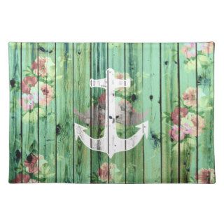 Vintage Floral Nautical Anchor Green Beach Wood Place Mat